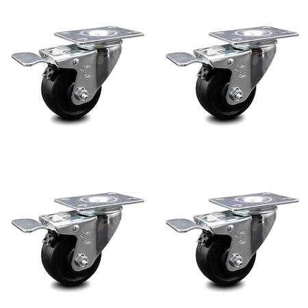 Service Caster 3 Inch Soft Rubber Swivel Top Plate Caster Set with Total Lock Brake SCC SCC-TTL20S314-SRS-4